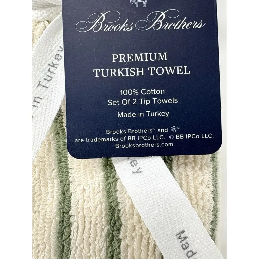 Brooks Brothers Turkish Cotton Green Stripe Fingertip Towels Fringe Tip